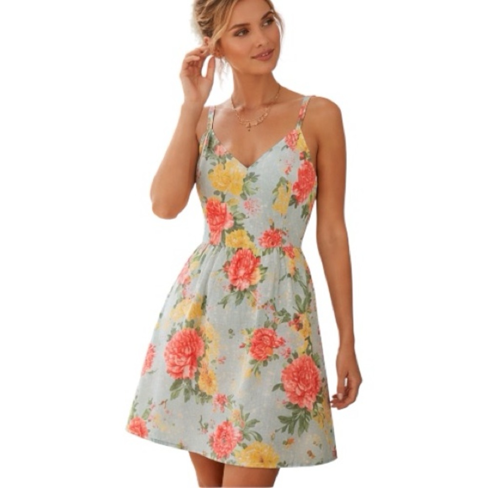 Cynthia Rowley 100% Linen Floral Sundress Cotton Lined V-Neck Sleeveless Size 12